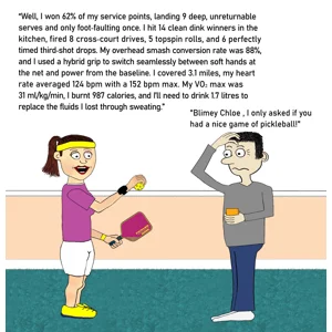 Personalised funny pickleball birthday card with a lady on shorts and t-shirt with sweatbands and holding a pickleball racket and ball. She is reeling off a long boring list of stats from her game. A man scratches his head and replies that he only asked if she had a nice game of pickleball.