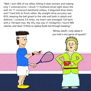 Funny squash birthday card personalised for men shows a male squash player in his sporty clothes and holding his squash racket and a ball . He is talking to a lady who is looking bemused and has her hand on her hip and a mug in her other hand. He is reeling off a long list of boring statistics from his match and at the end she remarks that all she asked was if he had a good game of squash.