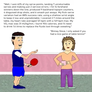 Personalised table tennis card shows a man holding his bat and a ball reeling off a long list of statistics from his match to a bored looking woman. she remarks that she'd only asked him if he'd had a good game of table tennis.
