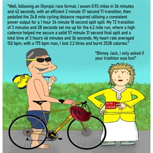 Funny triathlon birthday card shows a triathlete wearing trunks, goggles, swim cap and swim shorts with a pair or running shoes over his shoulder and holding his racing cycle with the helmet hanging from the handlebars. He is listing a huge list of stats from his triathlon session to a bored looking lady who replies that she had only asked him if he'd had a fun triathlon.