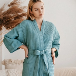 Blue cotton waffle robe for women oversize
