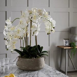 Large White Elegant Faux Orchid Home Decorin Stone Pot