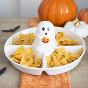 Ghost with Pumpkin Chip and Dip Snack Ceramic Dish