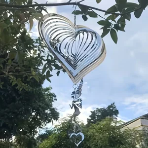 Stainless Steel Heart-Shaped 3D Wind Chime with Rotating Hook