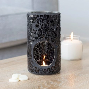 Black Crackle Glass Pillar Oil Burner – Stylish Wax Melt & Fragrance Warmer