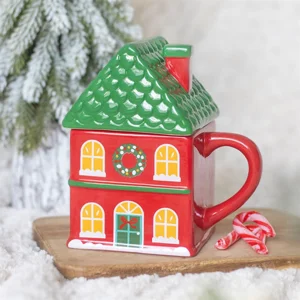 Christmas House Mug Red Ceramic Lidded Festive Novelty Mug