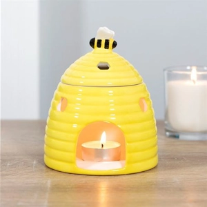 Yellow Beehive Ceramic Oil Burner with Bee Lid and Honeycomb Cutout Aroma Design