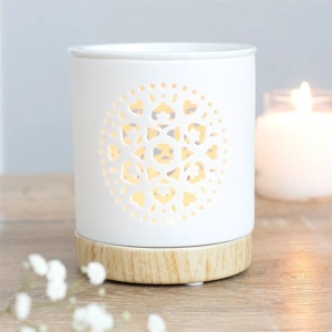 White Mandala Ceramic Oil Burner & Wax Melt Warmer with Wood Effect Base