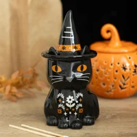 Black Cat Oil Burner – Folk Floral Ceramic Fragrance Burner