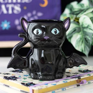 Black Cat Mug with Bat Wings – Spooky Ceramic 500ml Cup