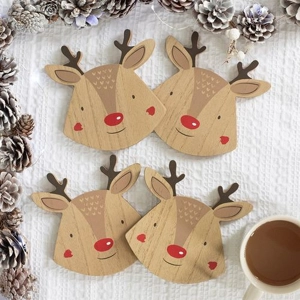 Wooden Festive Reindeer Coasters. Set Of 4