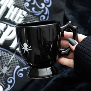 Gothic Teacup 400ml – Black Thorn Handle Spider Design Ceramic Tea Cup
