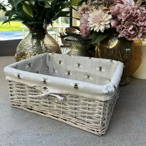 Small Grey Wicker Storage Basket with Bumblebee Liner – Rectangular Organiser