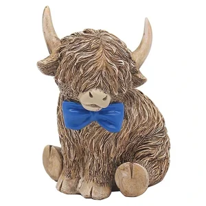 Highland Cow Ornament with Blue Bow – Resin Farmhouse Decor