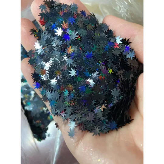 20g Black AB Iridescent Weed Leaf Cannabis Nail Art Glitter Slime Sequins Craft DIY UV