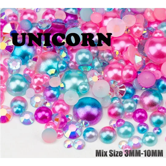 Unicorn Pink Blue Ombre 500pcs Mixed Acrylic Resin Faux Half Pearls Rhinestone Gems AB DIY