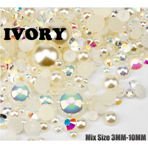Ivory Plain And AB 500pcs Mixed Acrylic Resin Faux Half Pearls Rhinestone Gems AB DIY