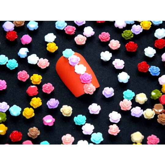 50 Pcs Mixed Multi Colour TINY 6mm Resin Flowers Nail Art Carft DIY Roses Daisy