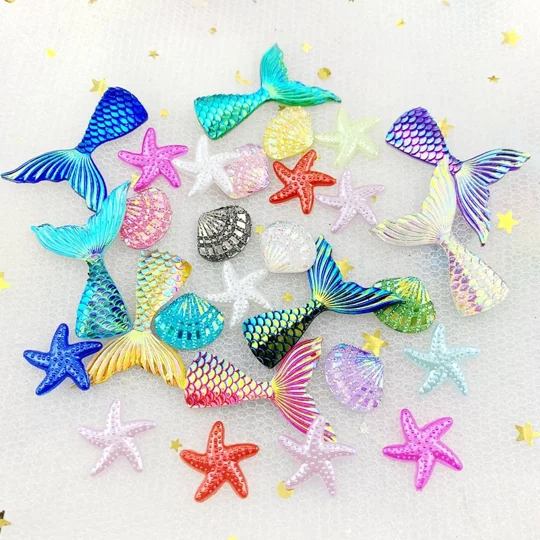 30 Pcs Kit Seaside Mermaid Tails Starfish Shells Irridecent Acrylic resin Flatback Craft Shapes