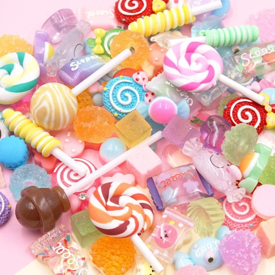 50 Pcs Cute Candy Land FAKE Sweets Food Lollypops Lollipops Kawaii Flatback 3D Cabochon Clay Resin