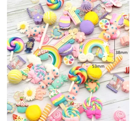 50 Pcs Rainbow Candy Mixed FAKE Sweets Lollipop Macaroon Resin & Clay Flatback 3D