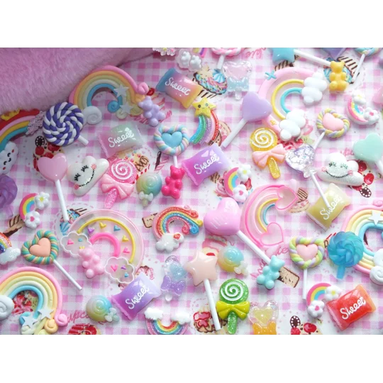 50 Pcs Cute Rainbow Candy Land FAKE Sweets Food Lollypops Lollipops Kawaii Flatback 3D Cabochon Clay