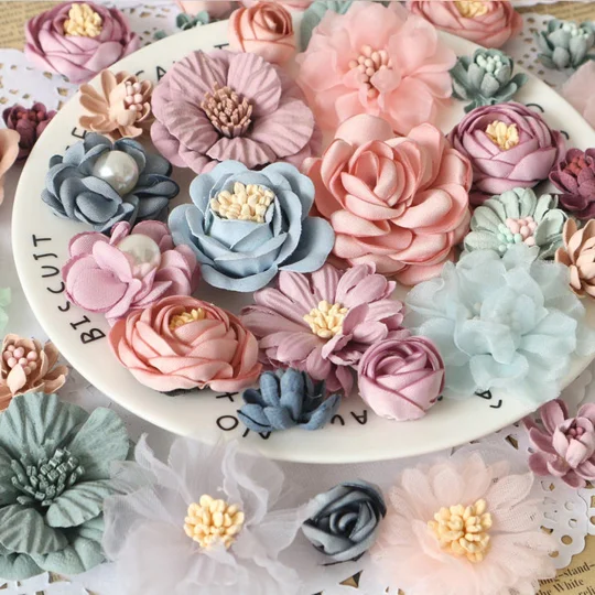 20 Pcs Smaller size Shabby Chic Pastel Faux Silk Satin Fabric Flowers