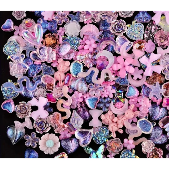 50 Pcs Mixed Tiny Pink Bows Flowers Bear Shells Nail Art Charms Resin Craft DIY