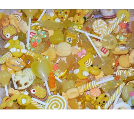 50 Pcs Yellow Mixed Candy Resin & Clay Lollipop Sweets Fake Flatback Food