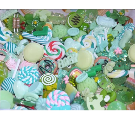 50 Pcs Green Mixed Candy Resin & Clay Lollipop Sweets Fake Flatback & 3D Food Cabochon