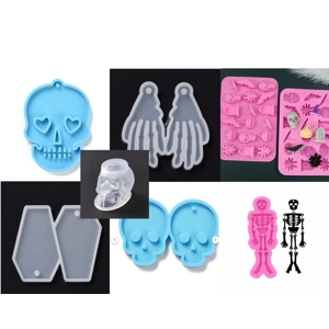 7 Piece Food Grade Spooky Halloween Skeleton Coffin Skull Bats Silicone Mold Soap Candle Fondant Bak