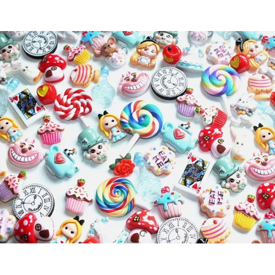 20 Pcs Wonderland Mixed Resin Clay Wood Flatback & 3D Cabochons Craft Playing Cards Eat Me Cake Cat