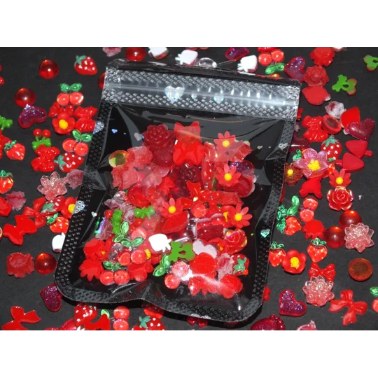 50 Pcs Mixed Tiny Red Bows Flowers Cherry Strawberry Fruit Nail Art Charms Resin Craft DIY