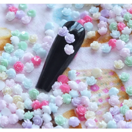 100 Pcs SUPER TINY 4mm Pastel & Bright Mixed Resin Roses Flower For Nail Art Charms Resin Craft DIY