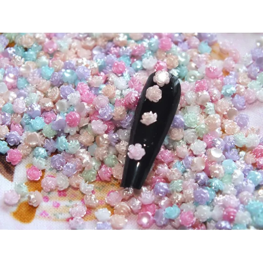 100 Pcs SUPER TINY 4mm Pastel & Bright pearlescent Mixed Resin Roses Flower For Nail Art Charms Resi
