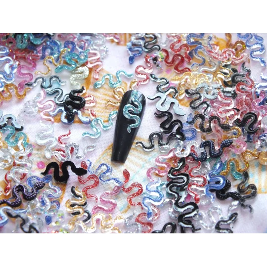 50 Pcs Mixed Tiny Glitter Resin Slippery Snakes Nail Art Charms Resin Craft DIY 16mm