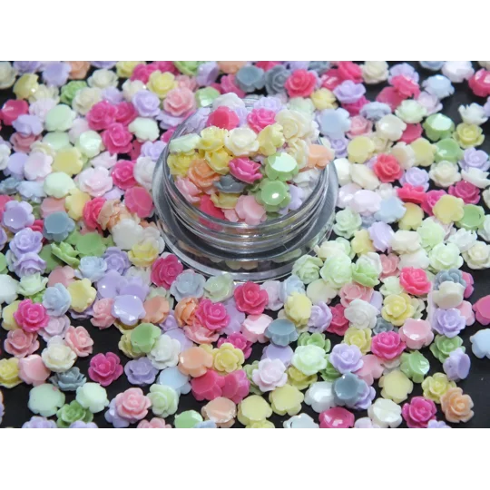 50 Pcs TINY 5mm Pastel & Bright Mixed Resin Roses Flower For Nail Art Charms Resin Craft DIY