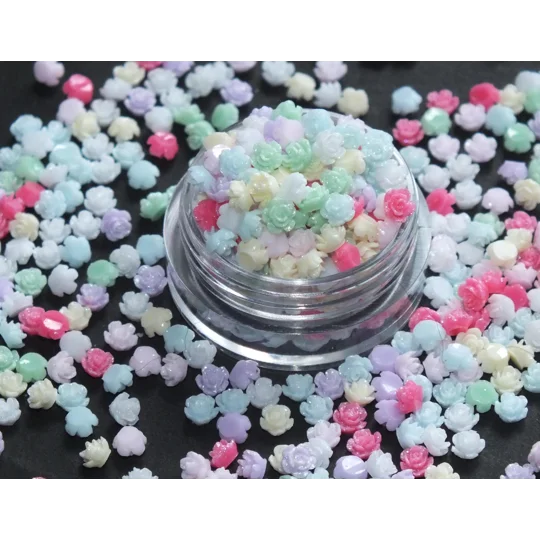100 Pcs SUPER TINY 4mm Pastel & Bright Mixed Resin Roses Flower For Nail Art Charms Resin Craft DIY