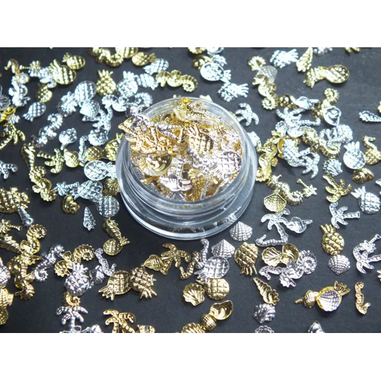 100 Pcs Mixed Tiny Alloy Metal Gold & Silver Seahorse Shell Palm Tree "On the beach" theme nail art
