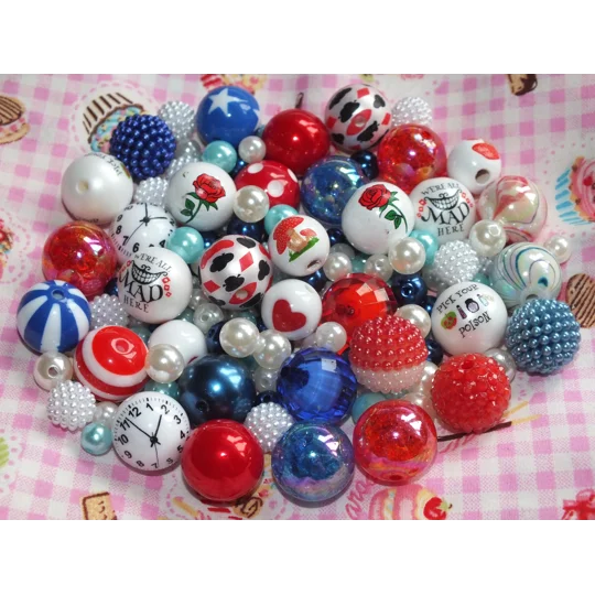 50 Pcs Red White & Blue Alice Mix Bubblegum Round Beads Assorted Mix 6mm-20mm Xmas Craft DIY Pen/Bra