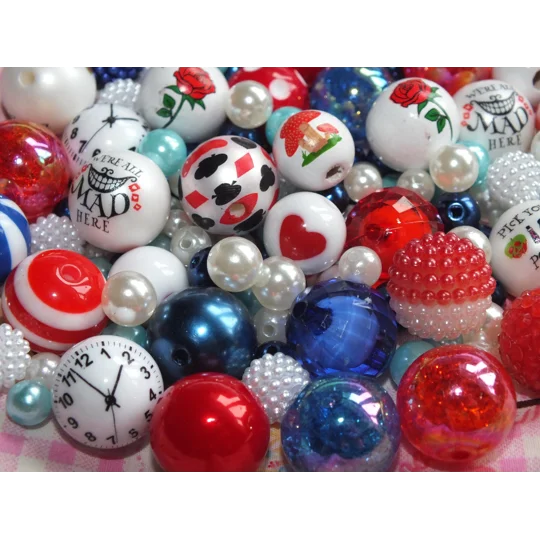 50 Pcs Red White & Blue Alice Mix Bubblegum Round Beads Assorted Mix 6mm-20mm Xmas Craft DIY Pen/Bra
