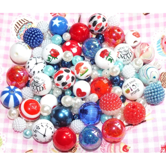 50 Pcs Red White & Blue Alice Mix Bubblegum Round Beads Assorted Mix 6mm-20mm Xmas Craft DIY Pen/Bra