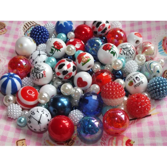50 Pcs Red White & Blue Alice Mix Bubblegum Round Beads Assorted Mix 6mm-20mm Xmas Craft DIY Pen/Bra