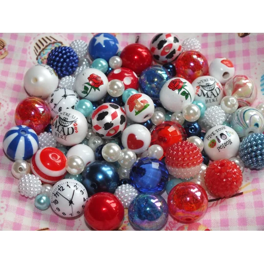 50 Pcs Red White & Blue Alice Mix Bubblegum Round Beads Assorted Mix 6mm-20mm Xmas Craft DIY Pen/Bra