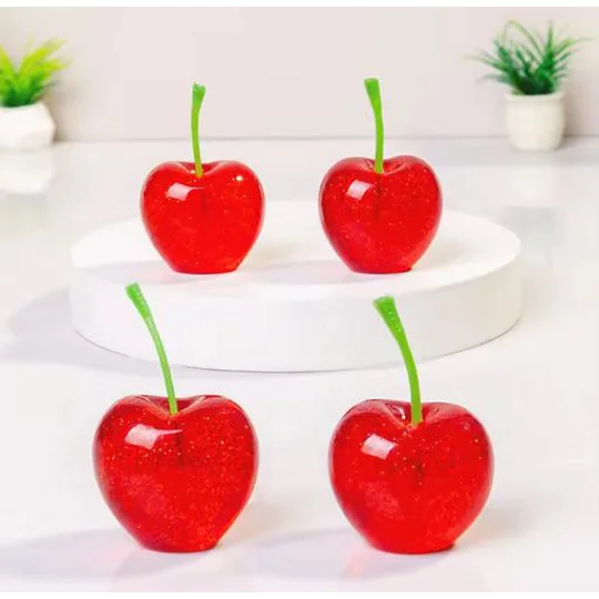 6pcs SO REALISTIC Fake Food Resin 3D Cherry with Stems Sparkling Glitter Design Real Size Real Colou