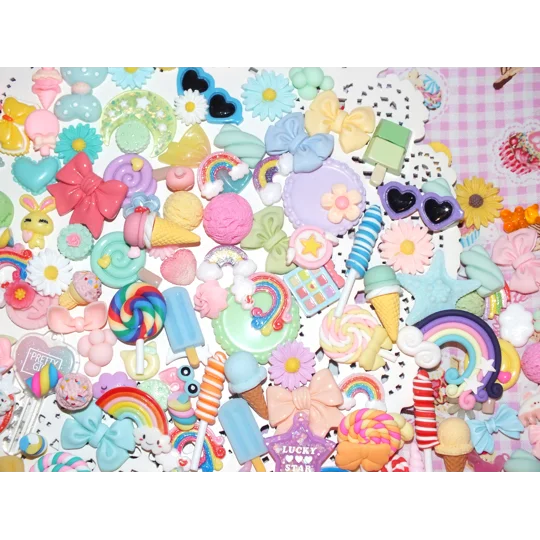 100 Pcs Cute Rainbow Candy Bow Flower Lollypop Sweet Treats Pastel Mix Flatback and 3D Cabochon Kawa