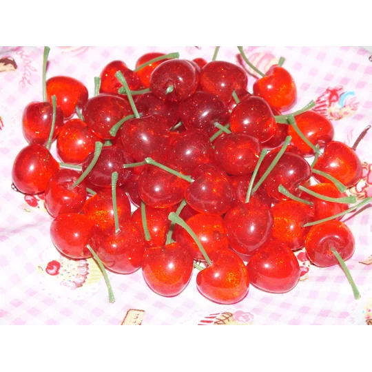 6pcs SO REALISTIC Fake Food Resin 3D Cherry with Stems Sparkling Glitter Design Real Size Real Colou