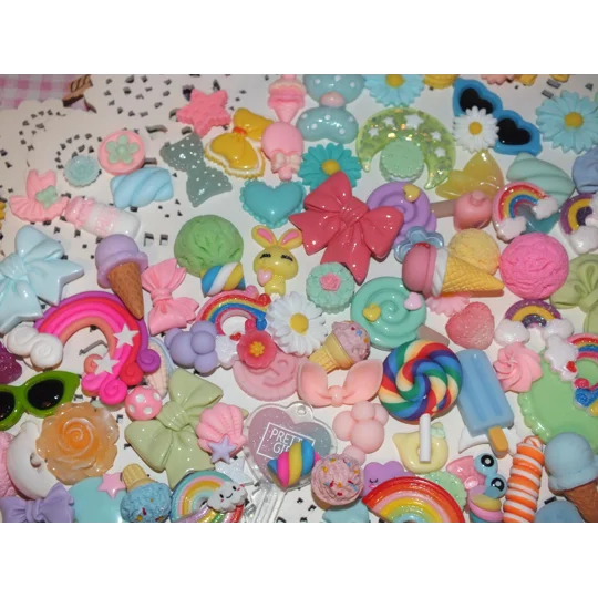 100 Pcs Cute Rainbow Candy Bow Flower Lollypop Sweet Treats Pastel Mix Flatback and 3D Cabochon Kawa