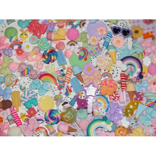100 Pcs Cute Rainbow Candy Bow Flower Lollypop Sweet Treats Pastel Mix Flatback and 3D Cabochon Kawa