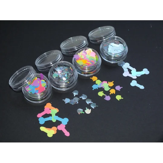 4 x Storage Pots Filled With RUDE & Offensive Nail Art Sequins Glitter Middle Finger Cock Willy Peni